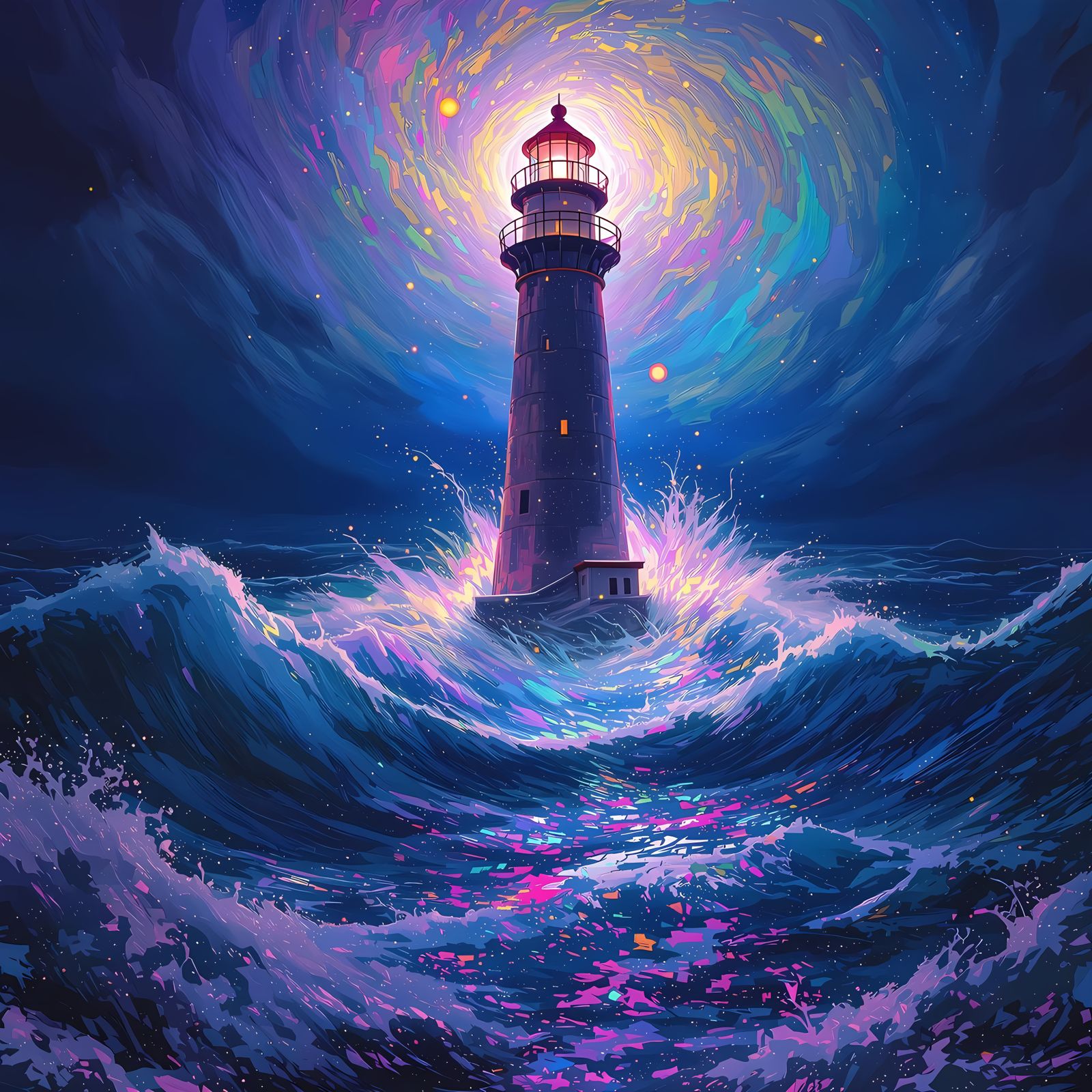 Vibrant Lighthouse in a Swirling Stormy Night Scene