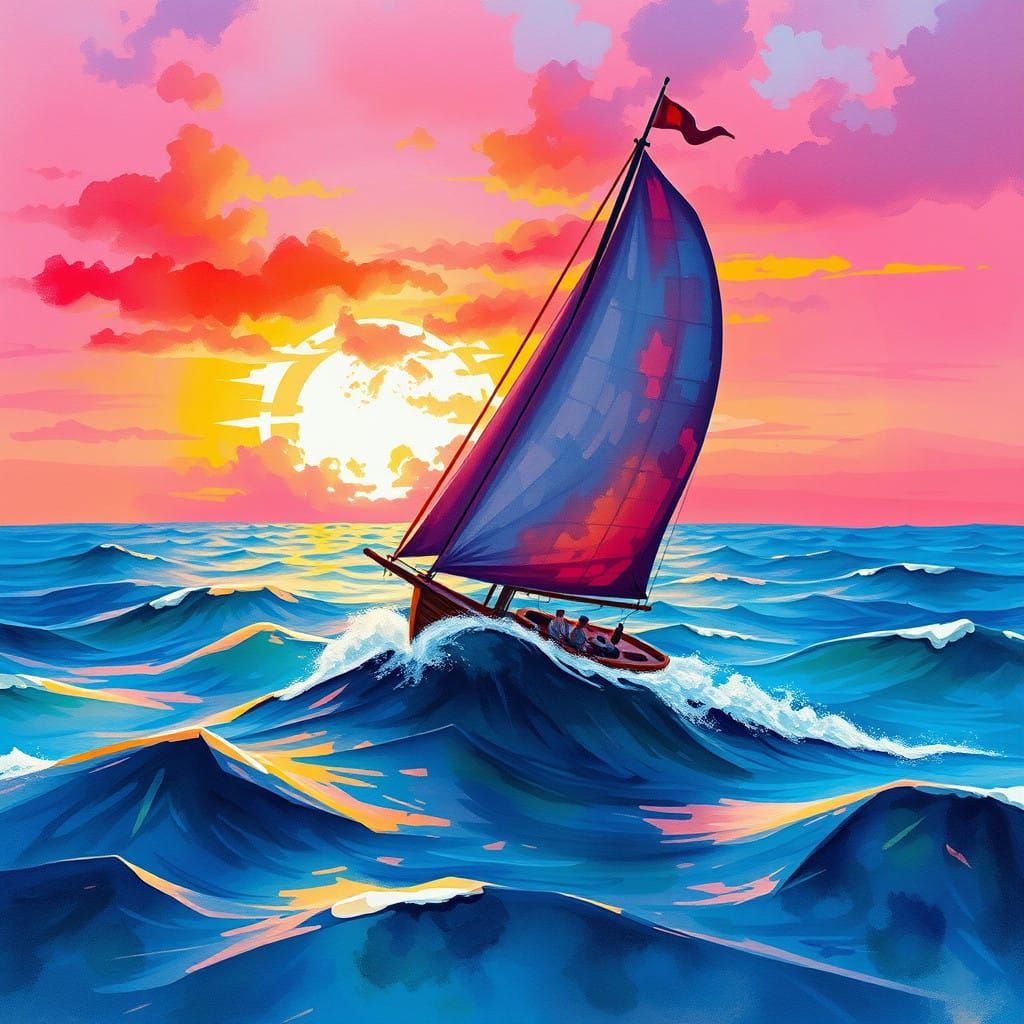 Vibrant Sunset Sailing Scene in Watercolor