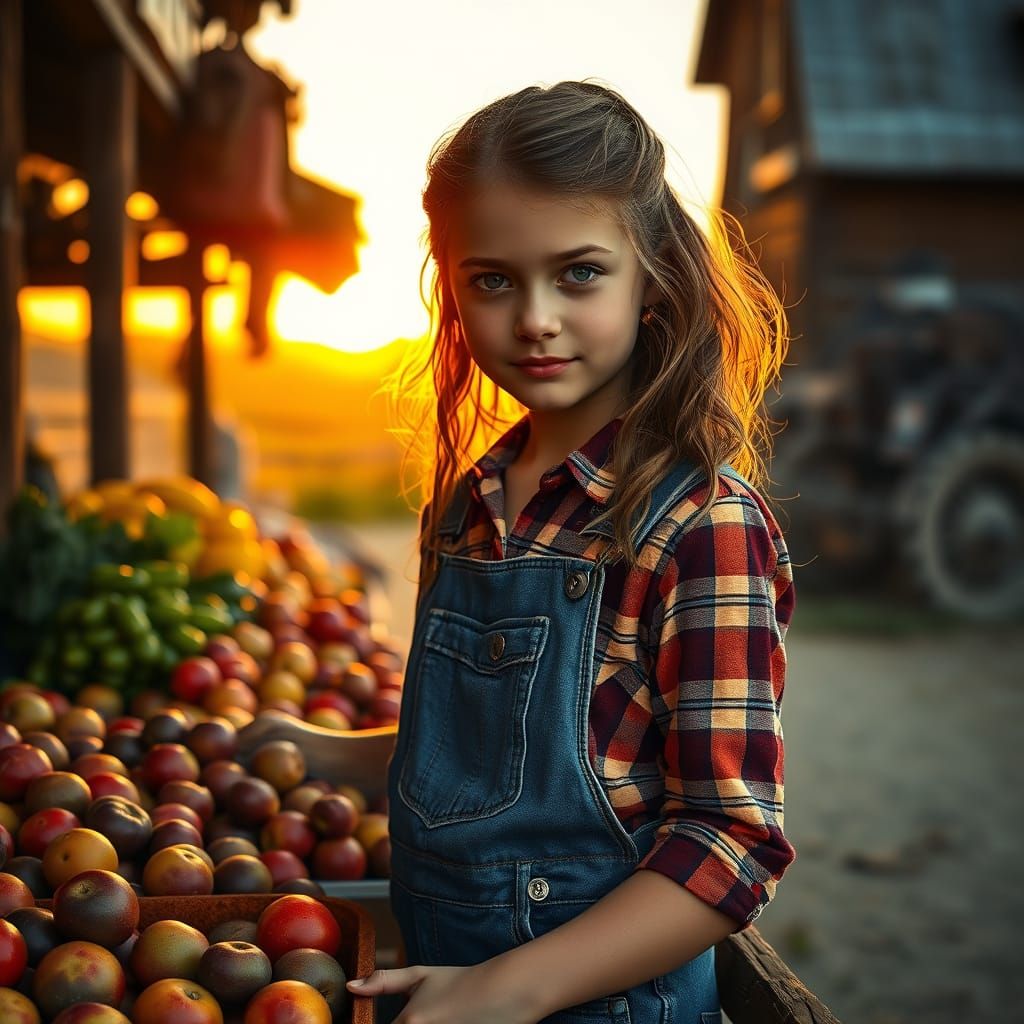Farm Girl Arranging Fruits at Sunrise in Golden Glow