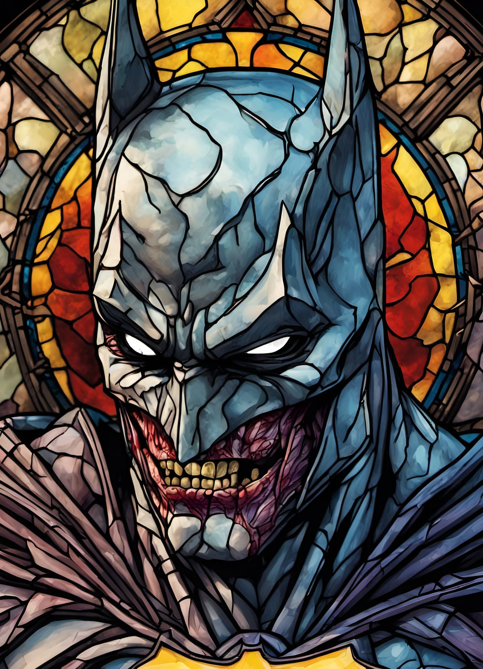 Stained glass zombie Batman close up