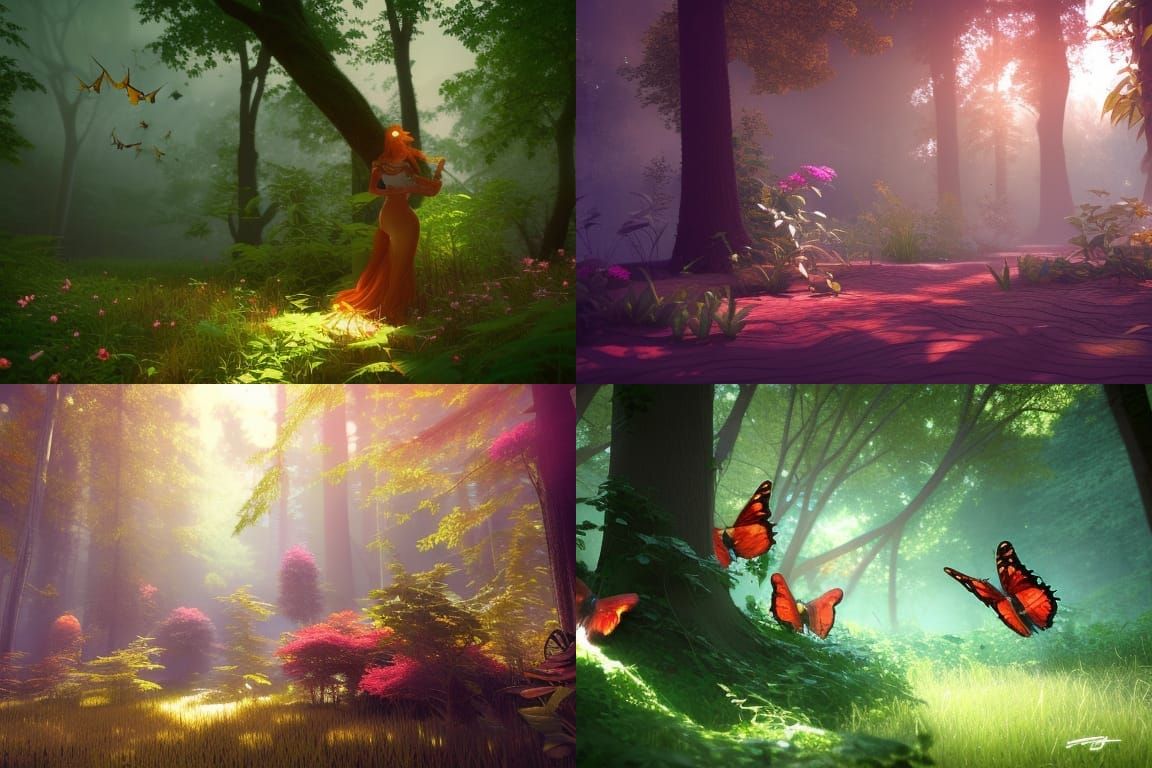 Children Playing with Butterflies in Hyperdetailed Forest