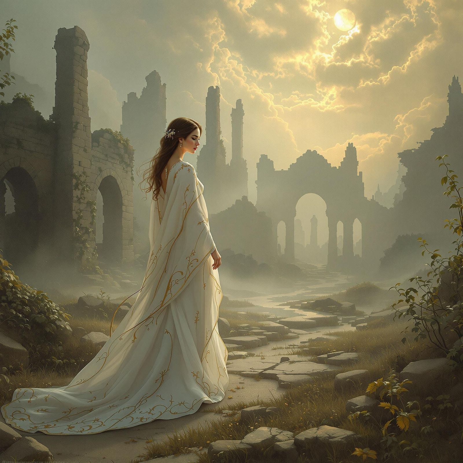 Ethereal Woman Amidst War-Torn Ruins in Romanticism Style