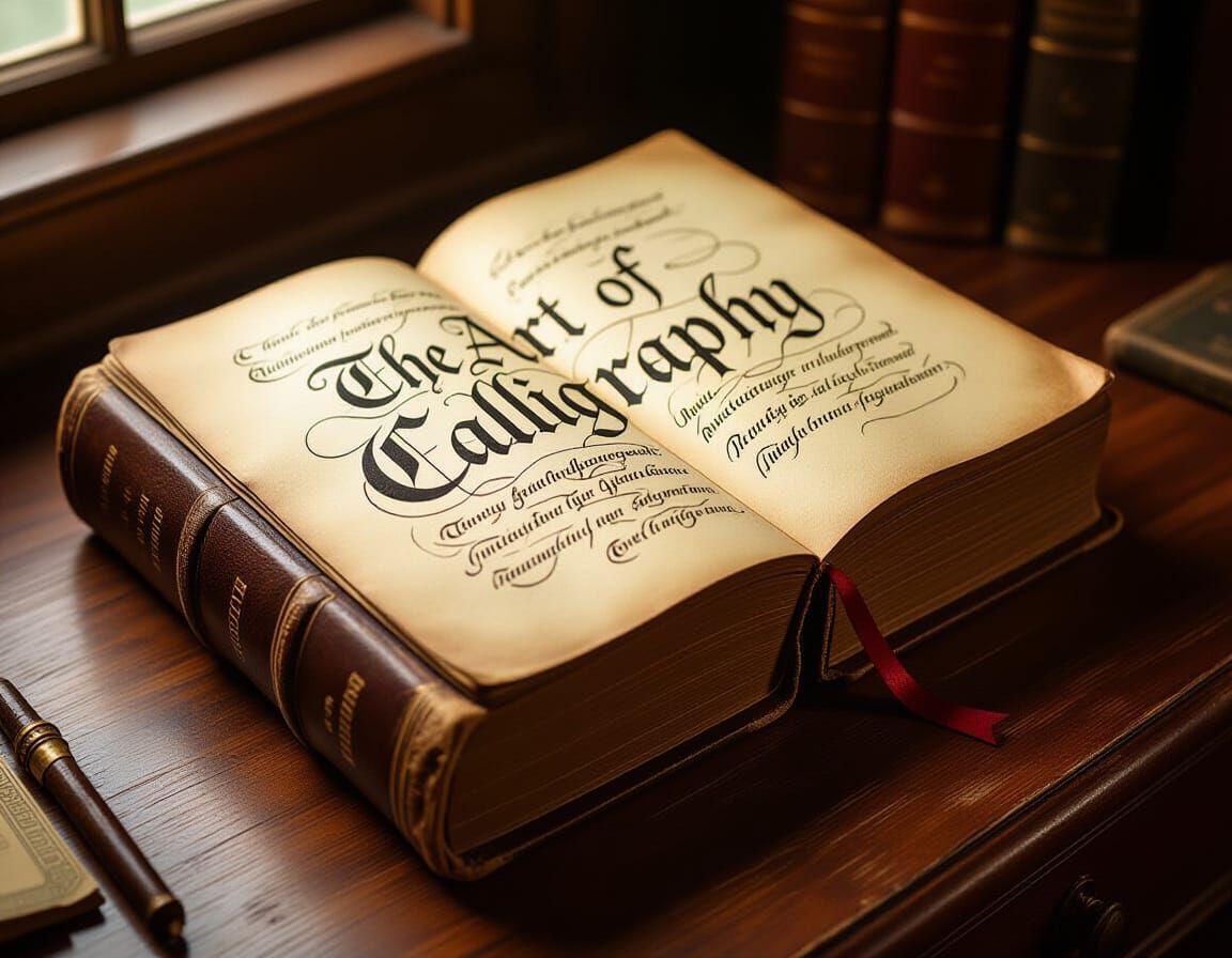 Old Calligraphy Book on Desk, Realistic Oil Painting