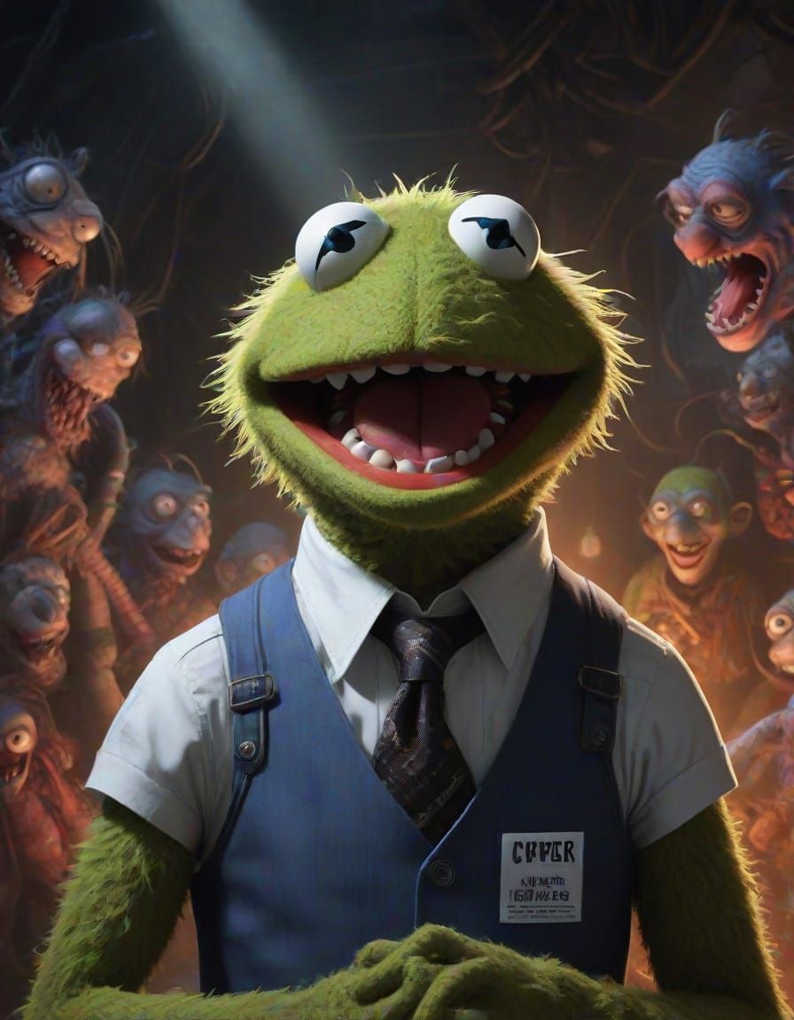 Grotesque Muppet Horror in Cyberpunk Landscape