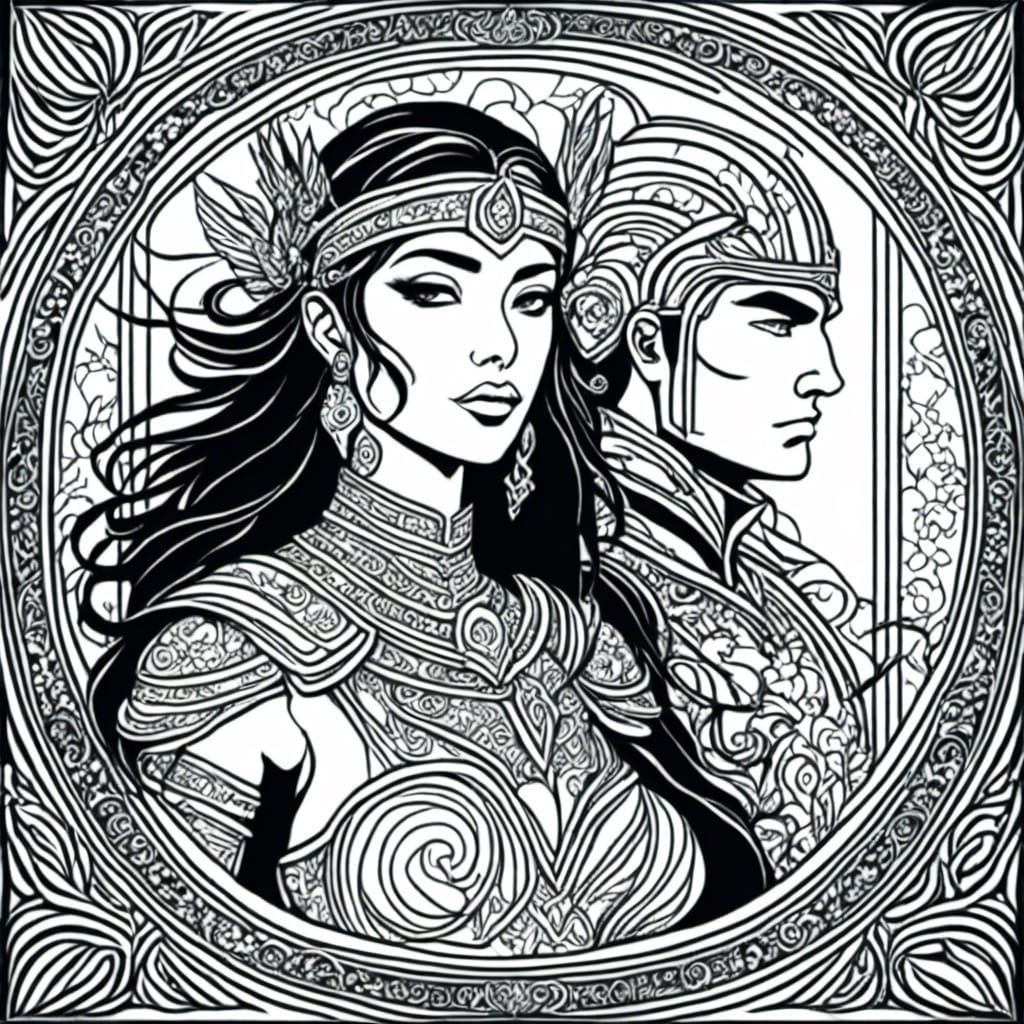 Black and white line art
<lora:Coloring Book:1.1> FANTASY Romance novel scene depicting a MALE WARRIOR AND A NOBLE LADY...