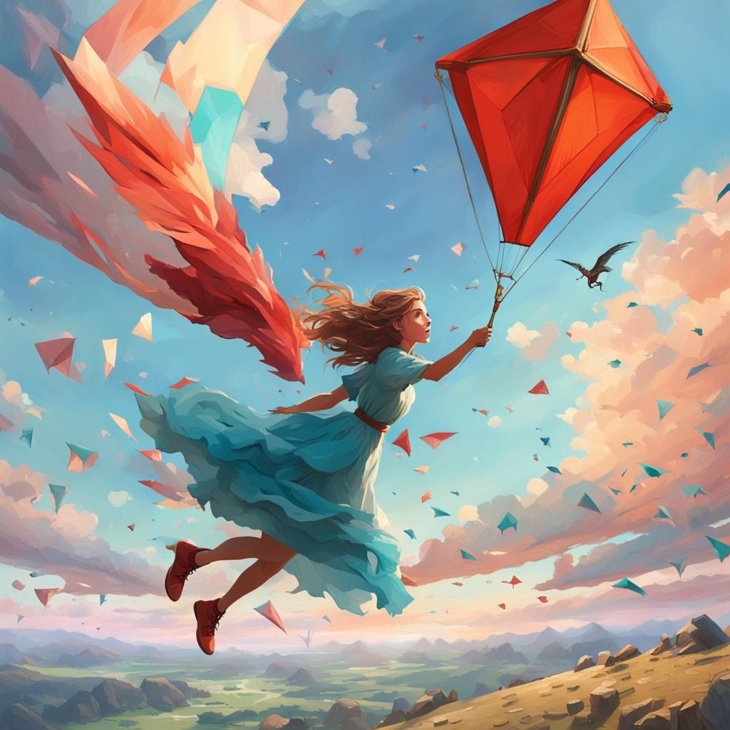 Girl Soaring with Kite: Fantasy Concept Art