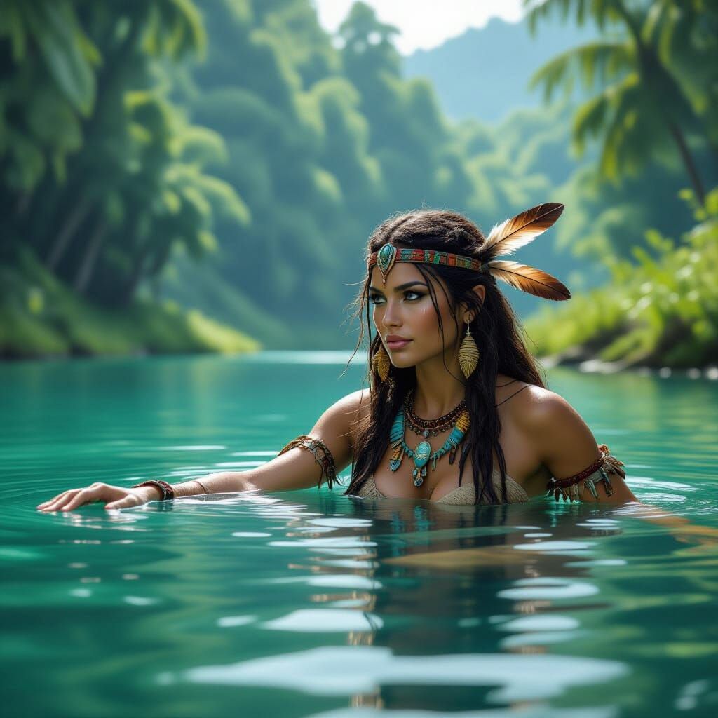 Cavewoman Swimming in Serene Lake, Photorealistic Style