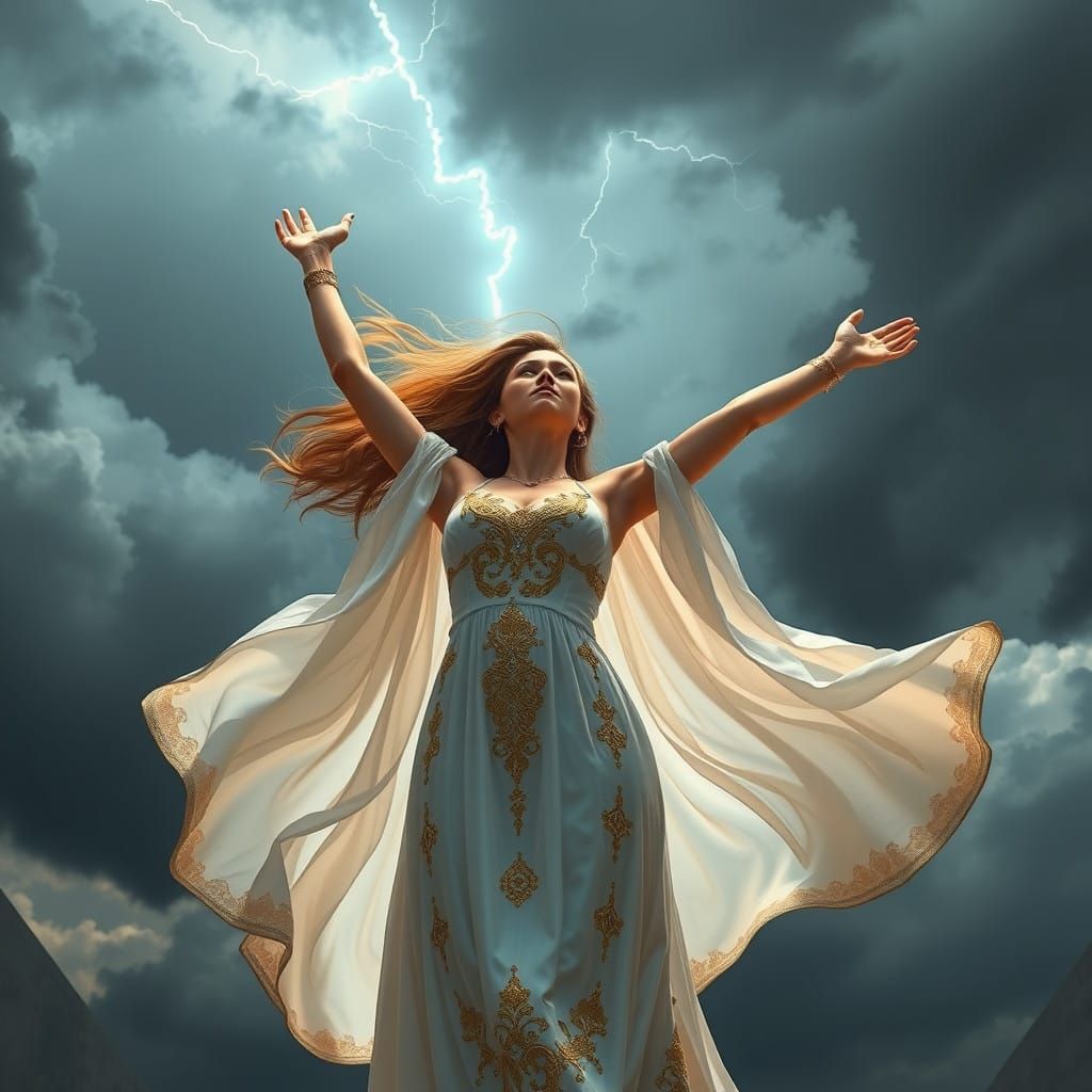 Futuristic Heroine Dances in Stormy Skies with Vibrant Color...