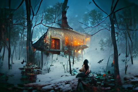 Winter Silhouette in Forest Cottage: Fantasy Art