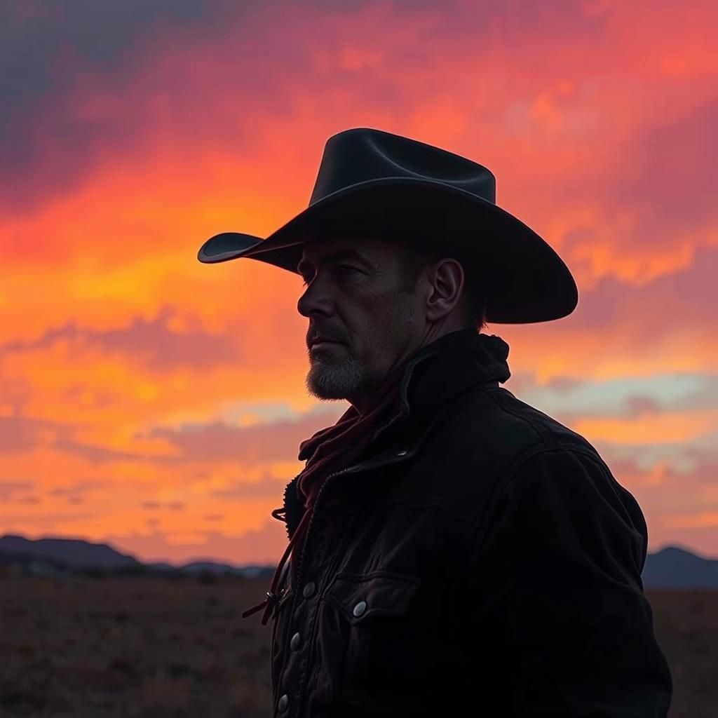 Cowboy Silhouette at Vibrant Sunrise, Digital Art