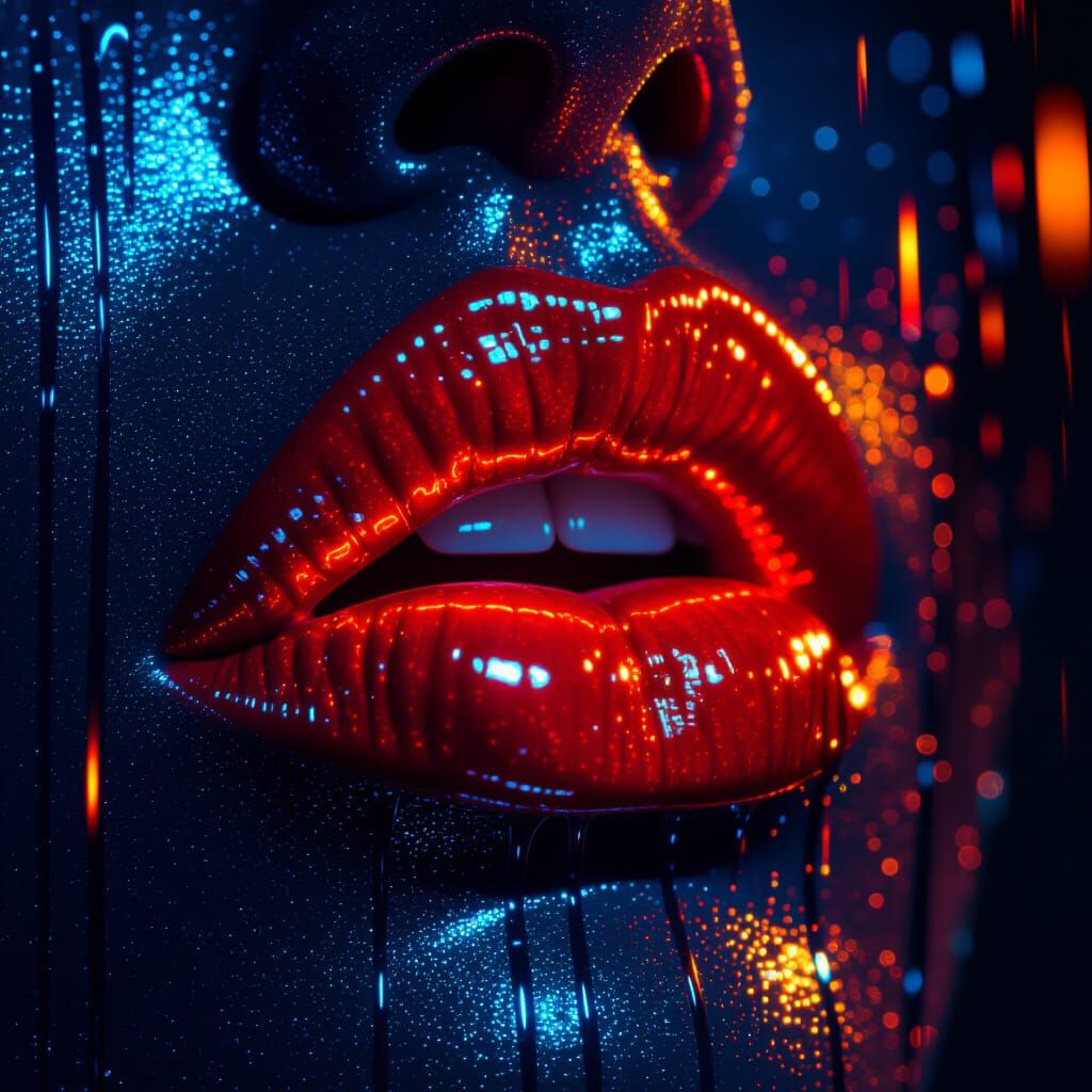 Neon Lips with Bioluminescent Texture in Futuristic Style