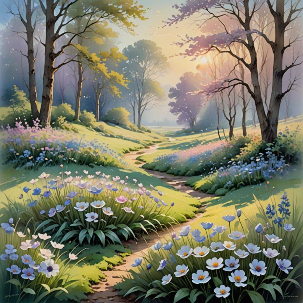 Dreamy Spring Meadow at Dawn in Soft Watercolor