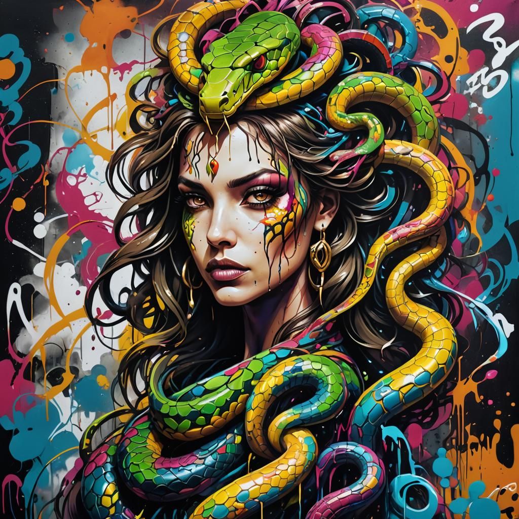 Vibrant Snake Queen in Graffiti Street Art Style