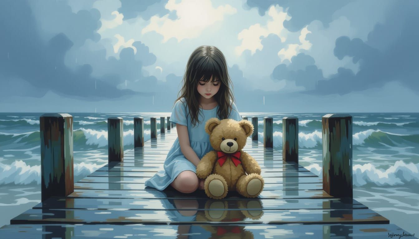 Pensive Girl on Pier in Expressive Painting