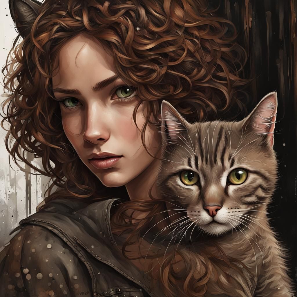 Girl Hugging Black Cat: Fantasy Concept Art