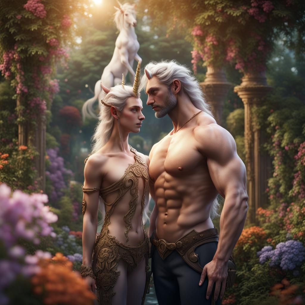 Fantasy Centaur and Unicorn in Detailed Garden