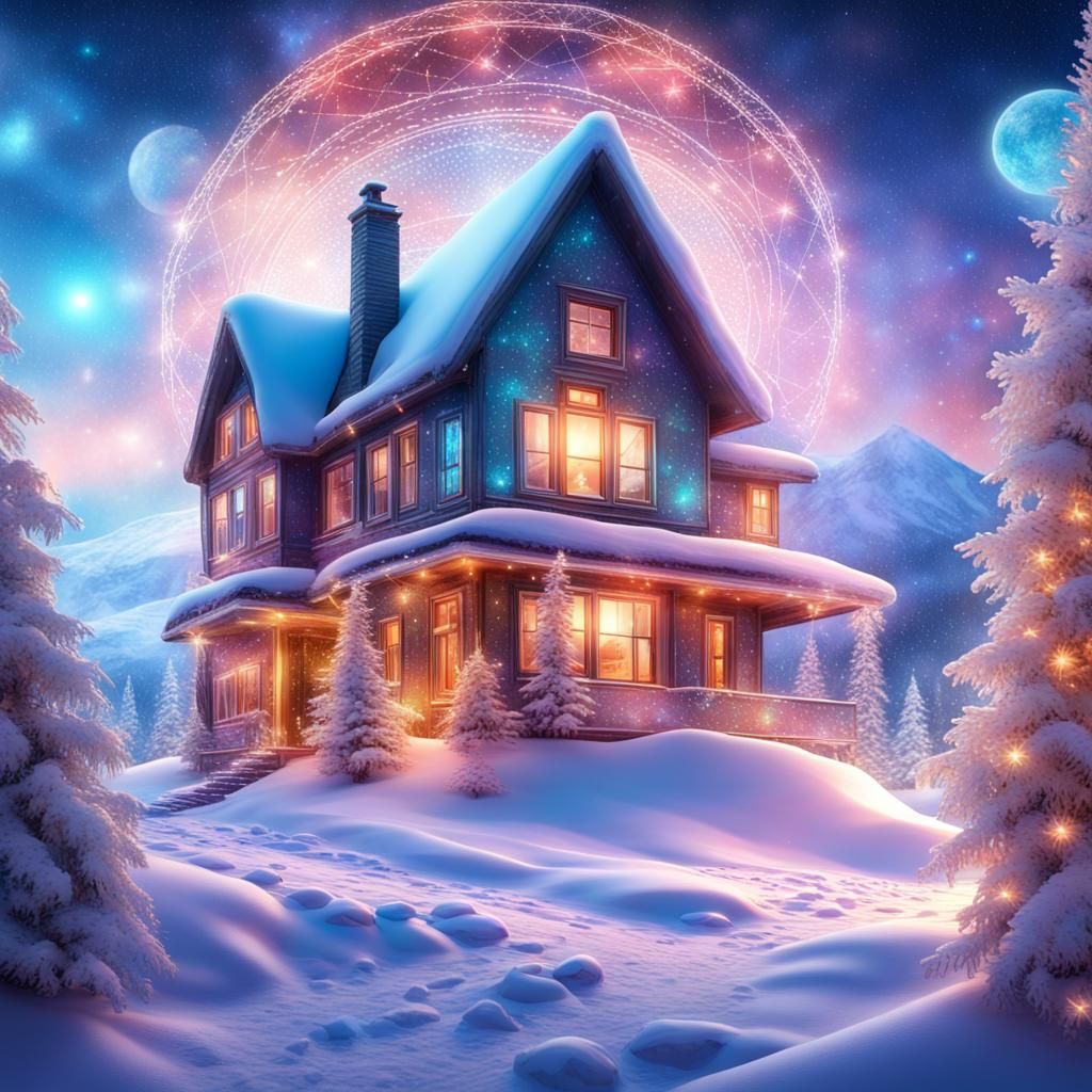 Magical Winter Christmas Home in Cosmic Illustration