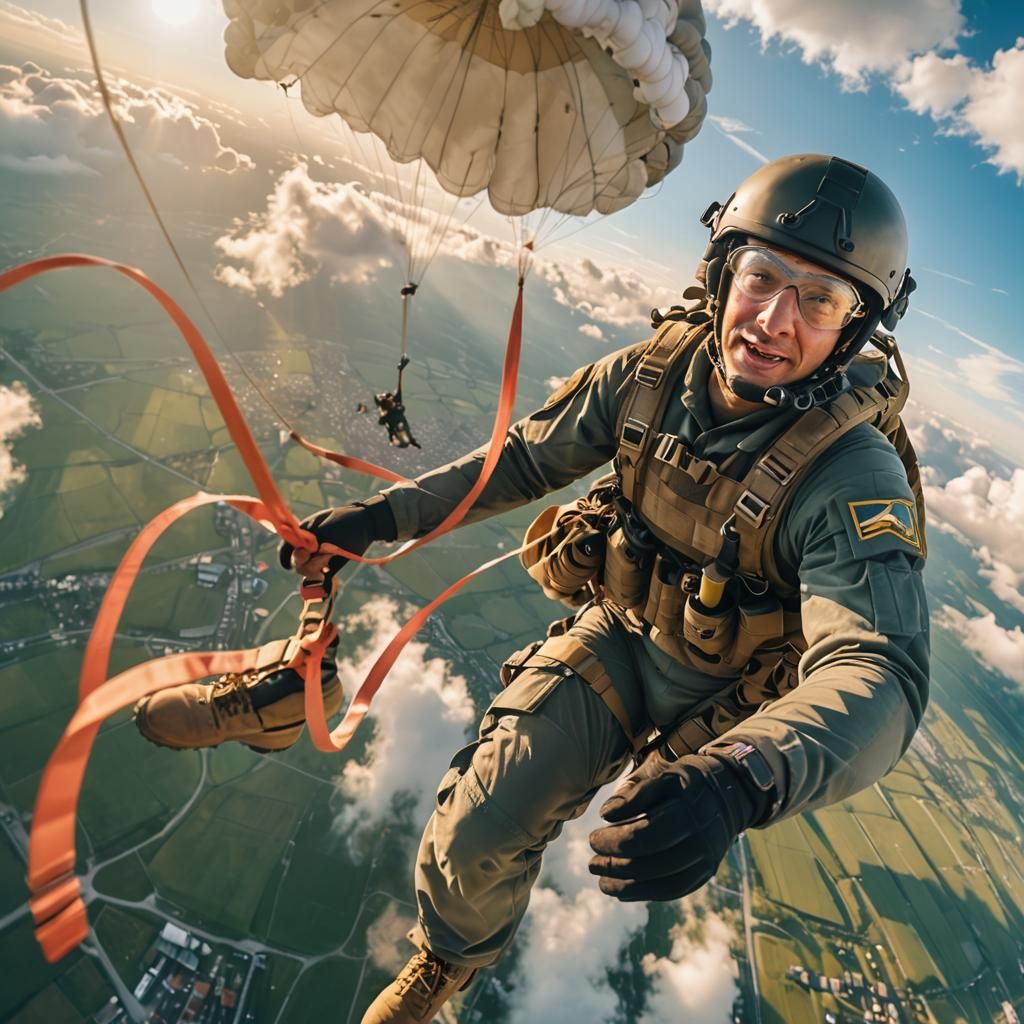 Base Jumper in Free Fall with Parachute