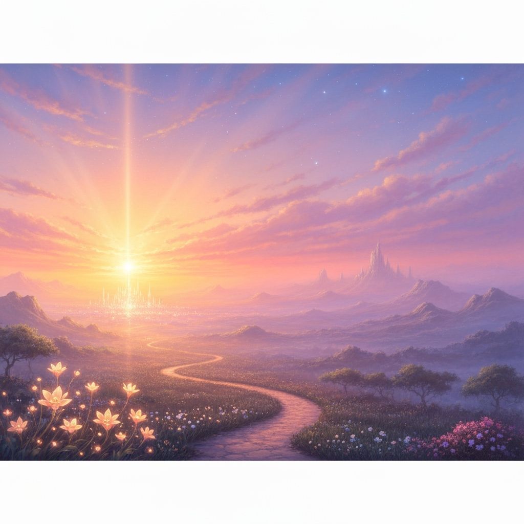 Ethereal Celestial Landscape at Dawn with Glowing Flora