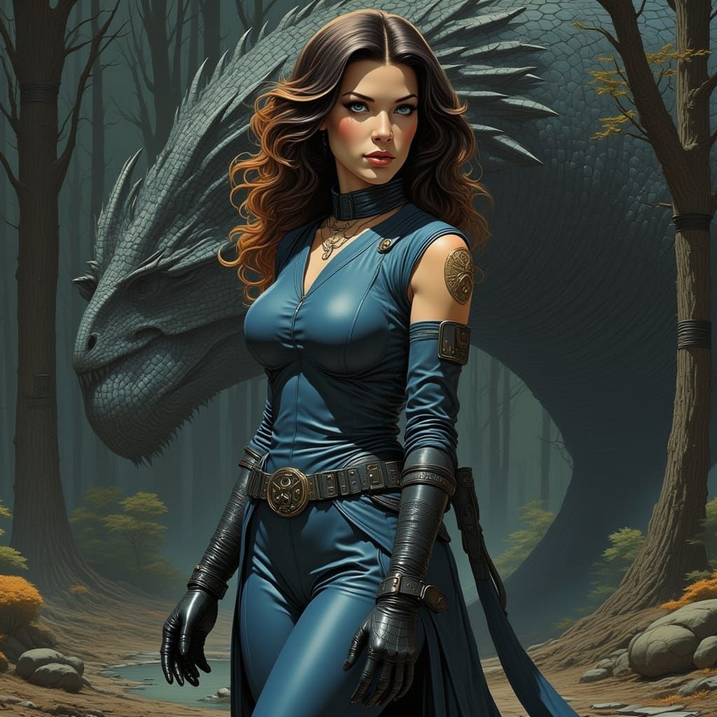 Woman and Dragon in Dark Academia Retrofuturism