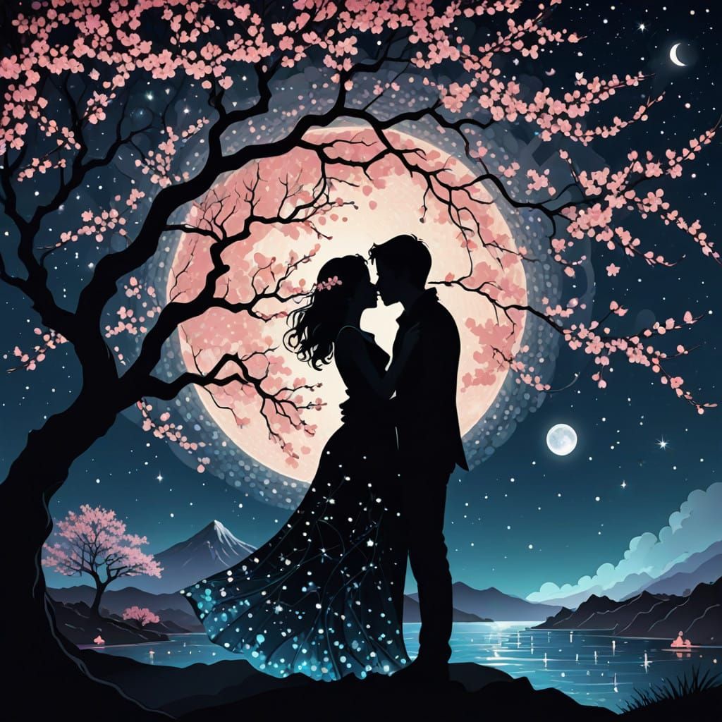 Cherry Blossom Love Under the Starry Night