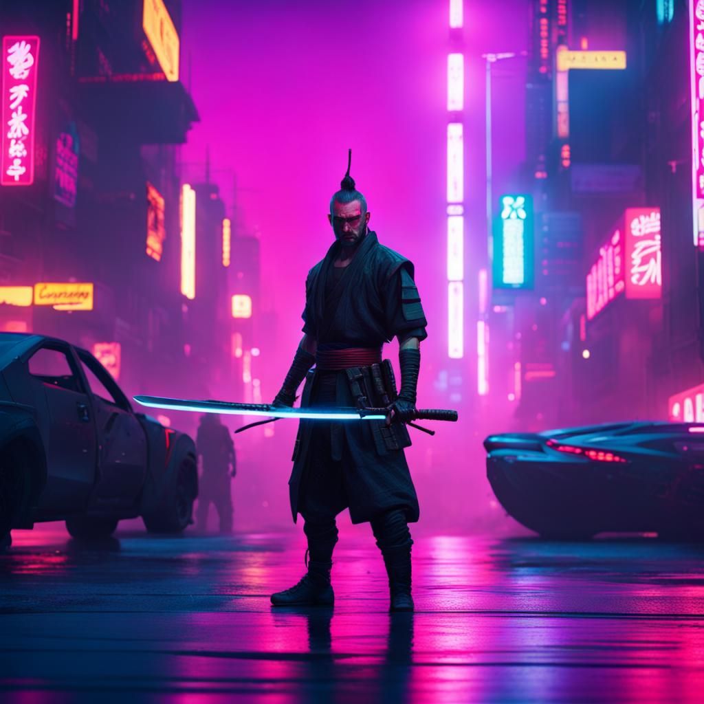 Cyberpunk Samurai with Katana in Neon Cityscape