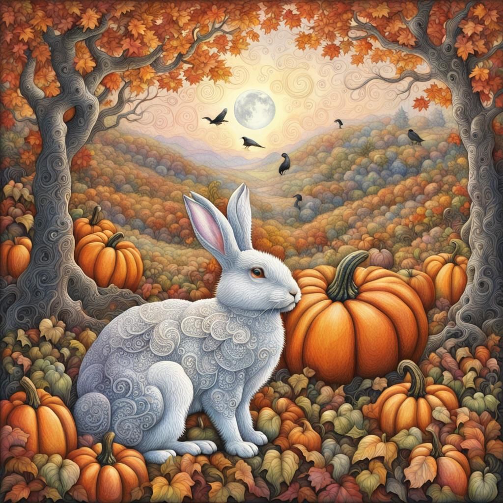 A magnificent zentangle pumpkin patch with a white rabbit a ...
