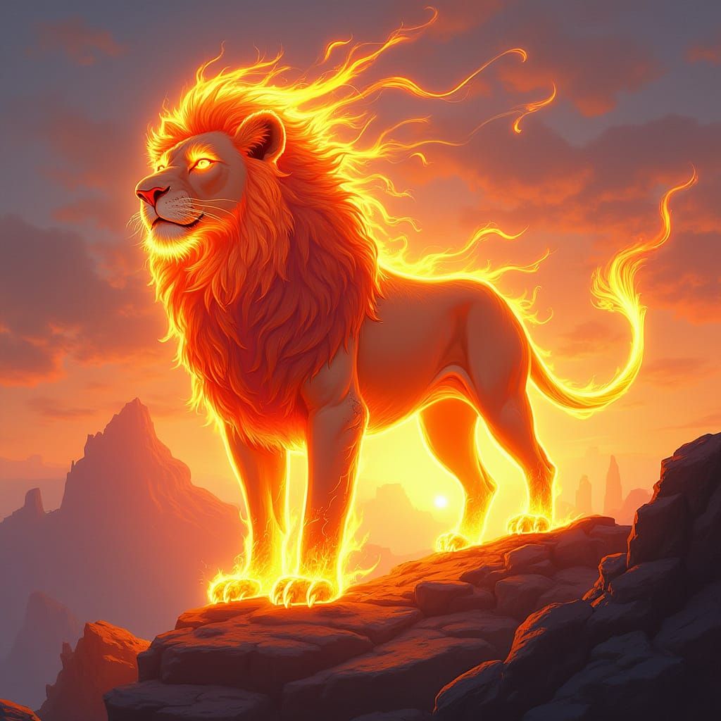 Fiery Lion Made of Swirling Light on Rocky Landscape