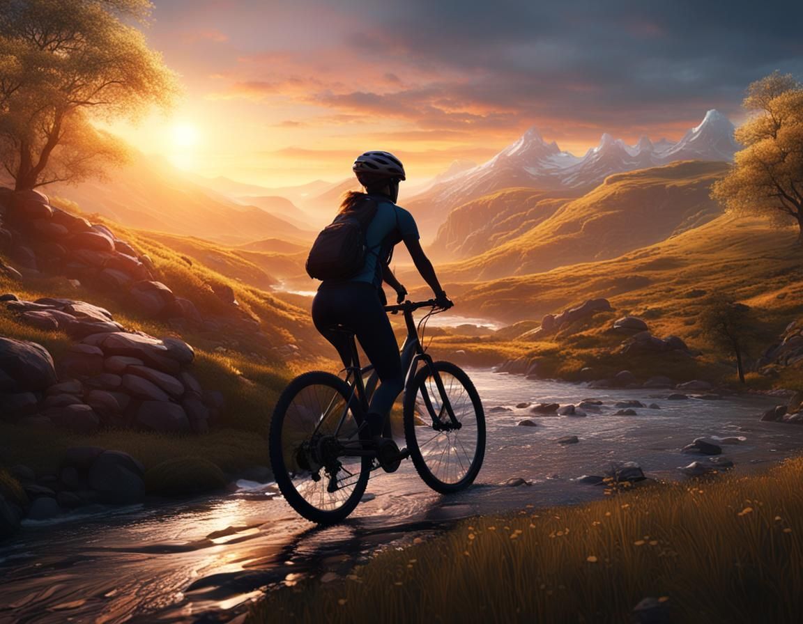 Woman Biking into Sunrise: Fantasy Concept Art