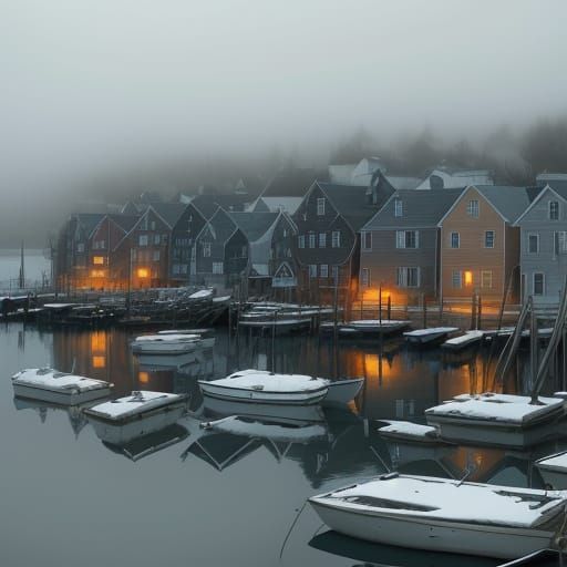New England Houses in Snowy Rockport Harbor