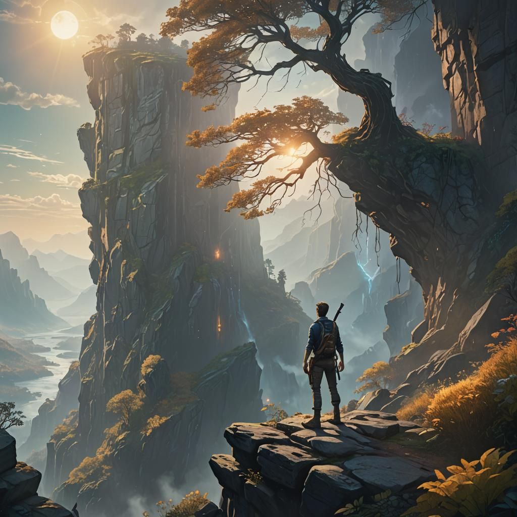 Cliffside Figure in Fantasy Art Nouveau Landscape