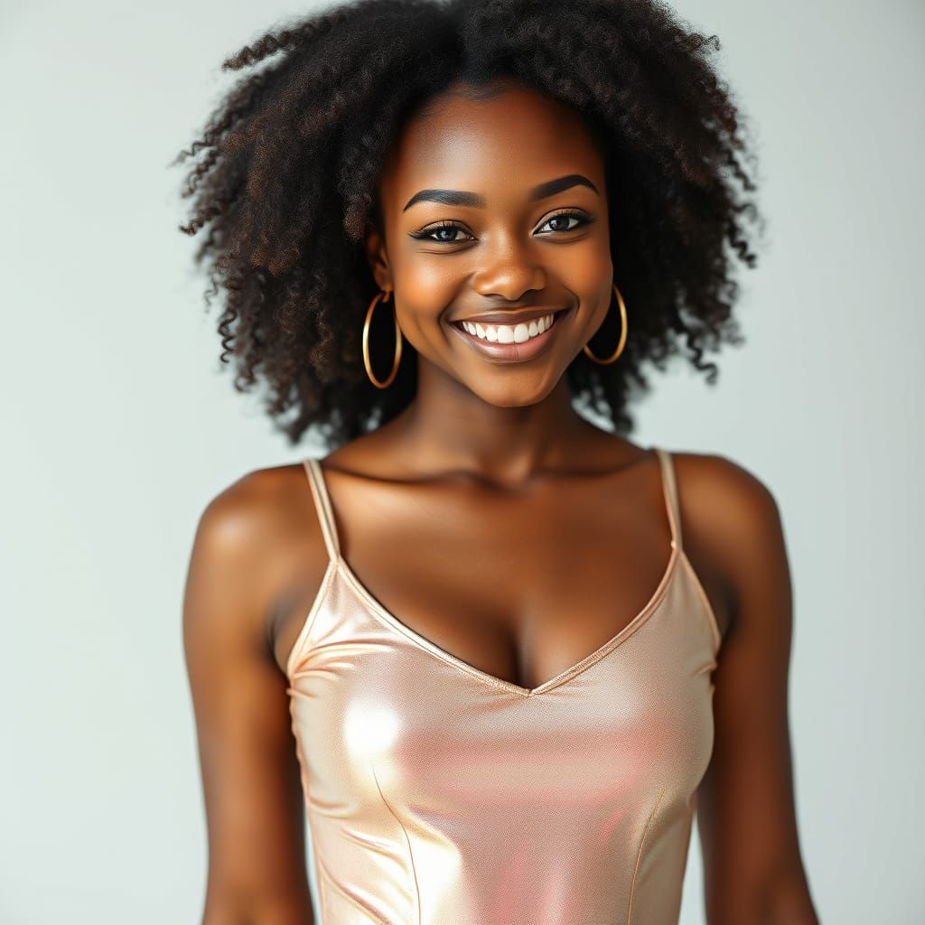 Radiant Woman in Iridescent Bodysuit, Studio Portrait