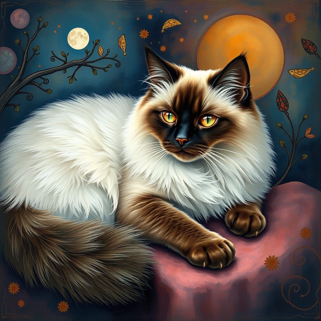 Whimsical Birman Cat in Naive Avant-Garde Style