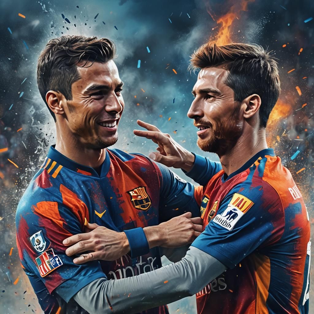 Ronaldo and Messi Embrace in Dreamlike Matte Painting