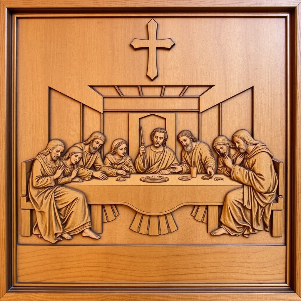 Marquetry Relief of The Last Supper in Wood Carving Style
