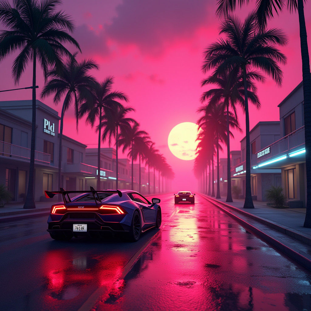 Miami Sunset Sports Cars in Hyper-Realistic Fantasy Art