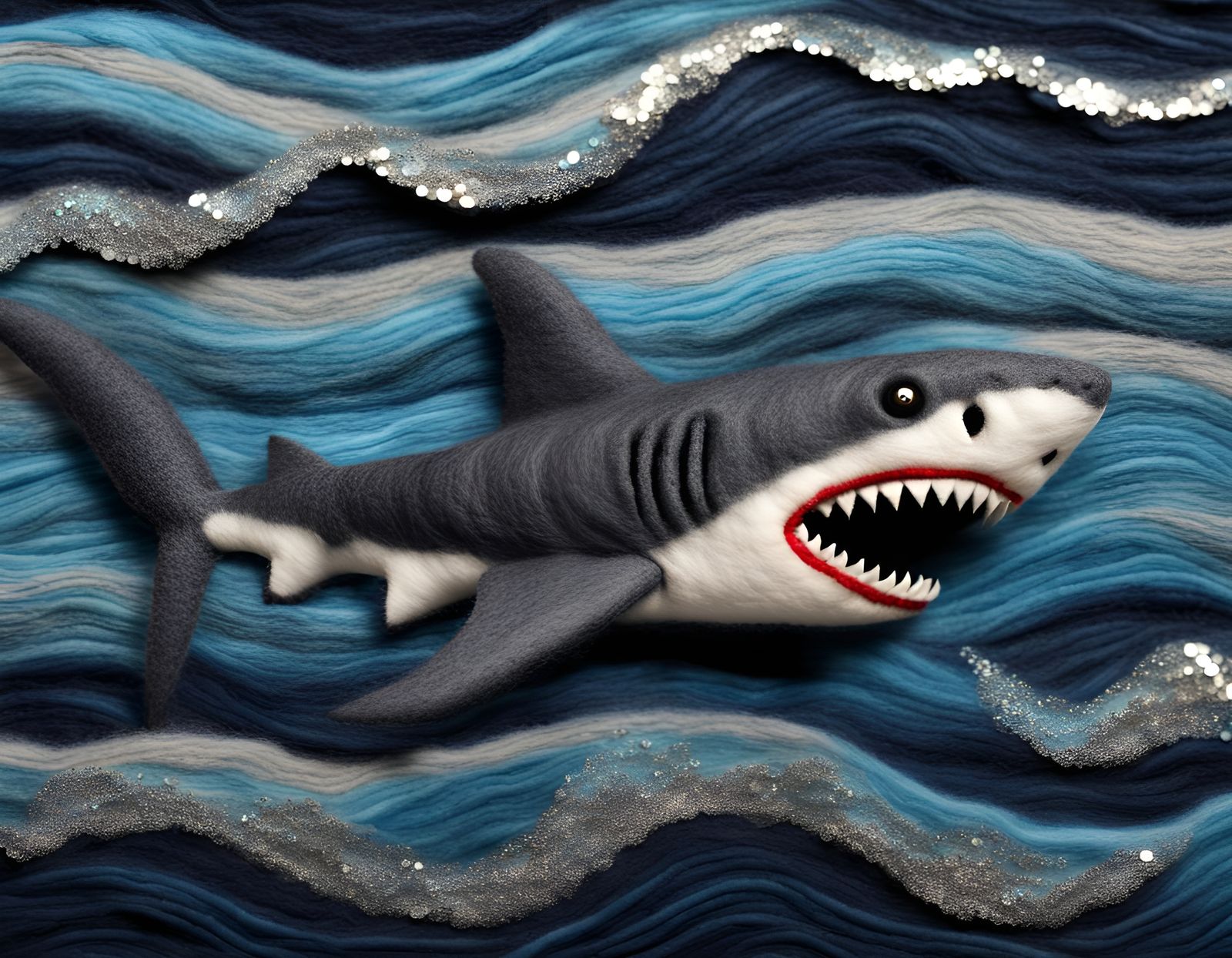 Felted shark floating through woolen ocean waves. 🦈