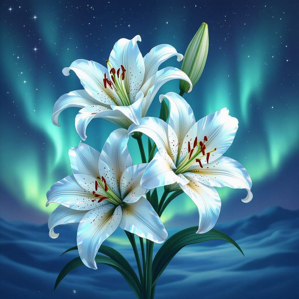 Crystal Lilies Under Aurora Borealis Sky