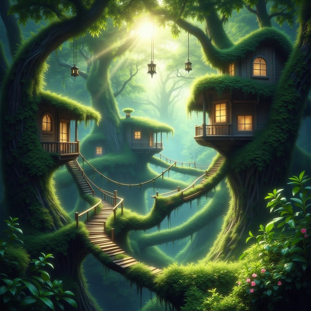 Enchanting Treehouse Village in Ancient Forest