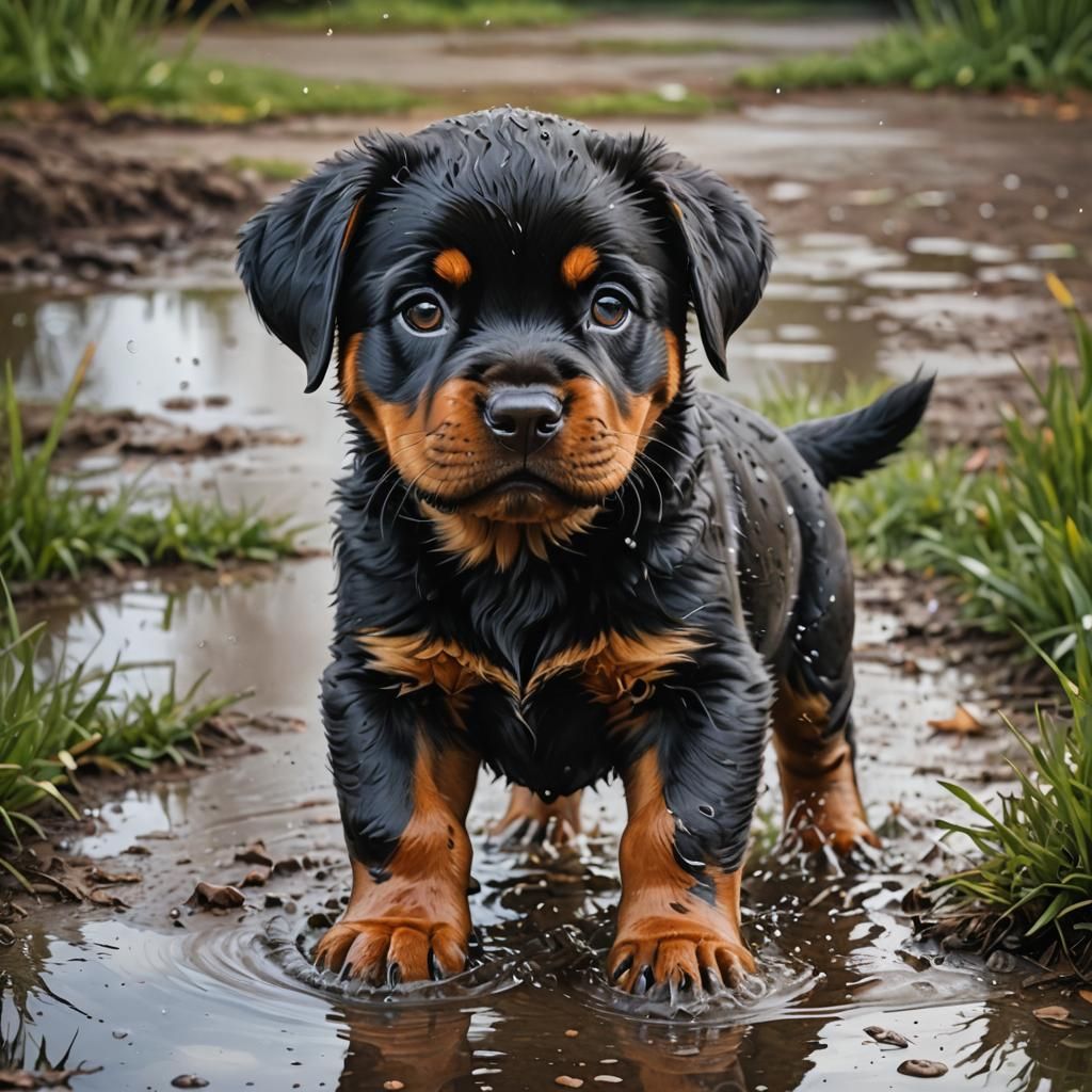 Cute Rottweiler Puppy Playing: Hyperrealistic Splash Art