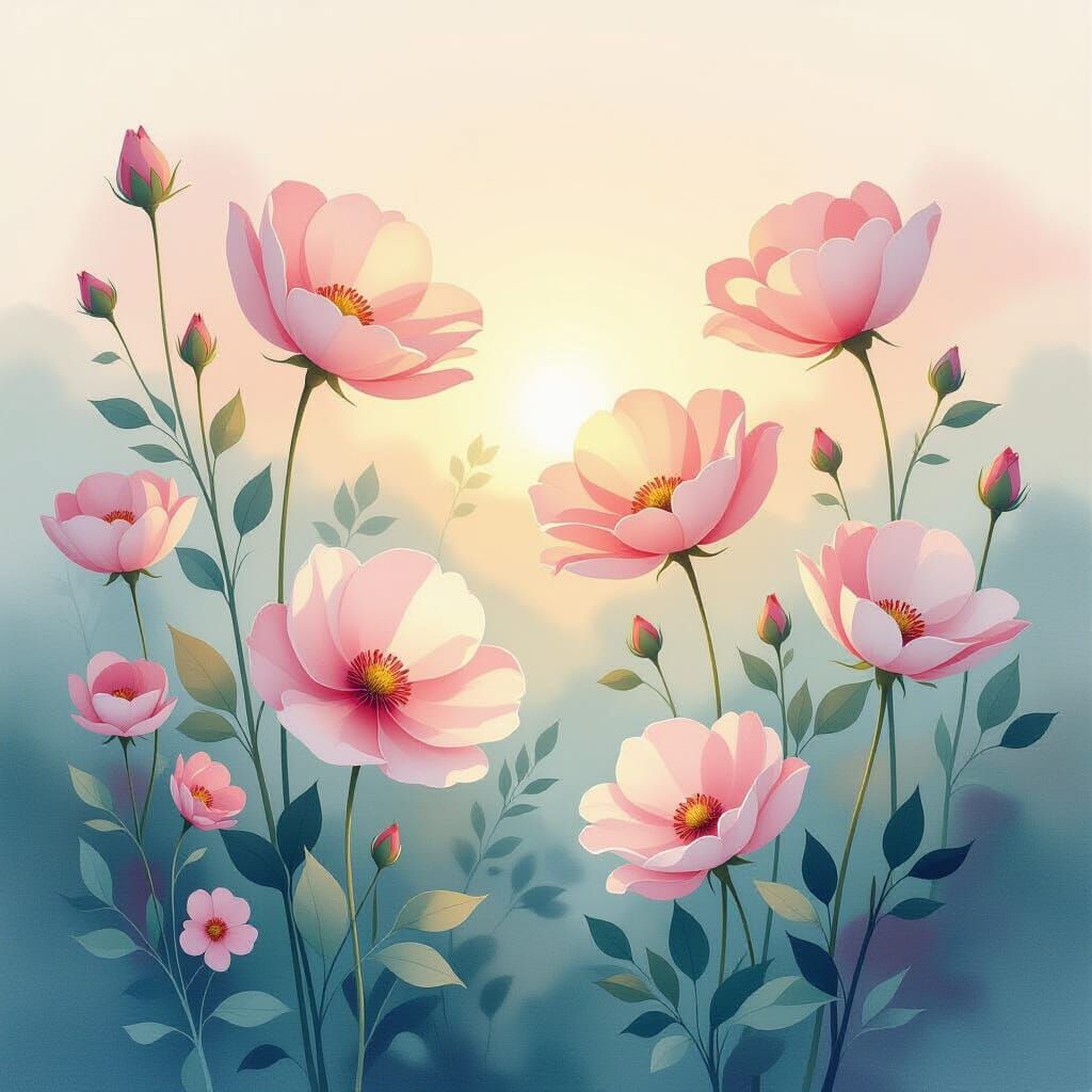 Ethereal Watercolor Flowers in a Dreamy Surreal Landscape