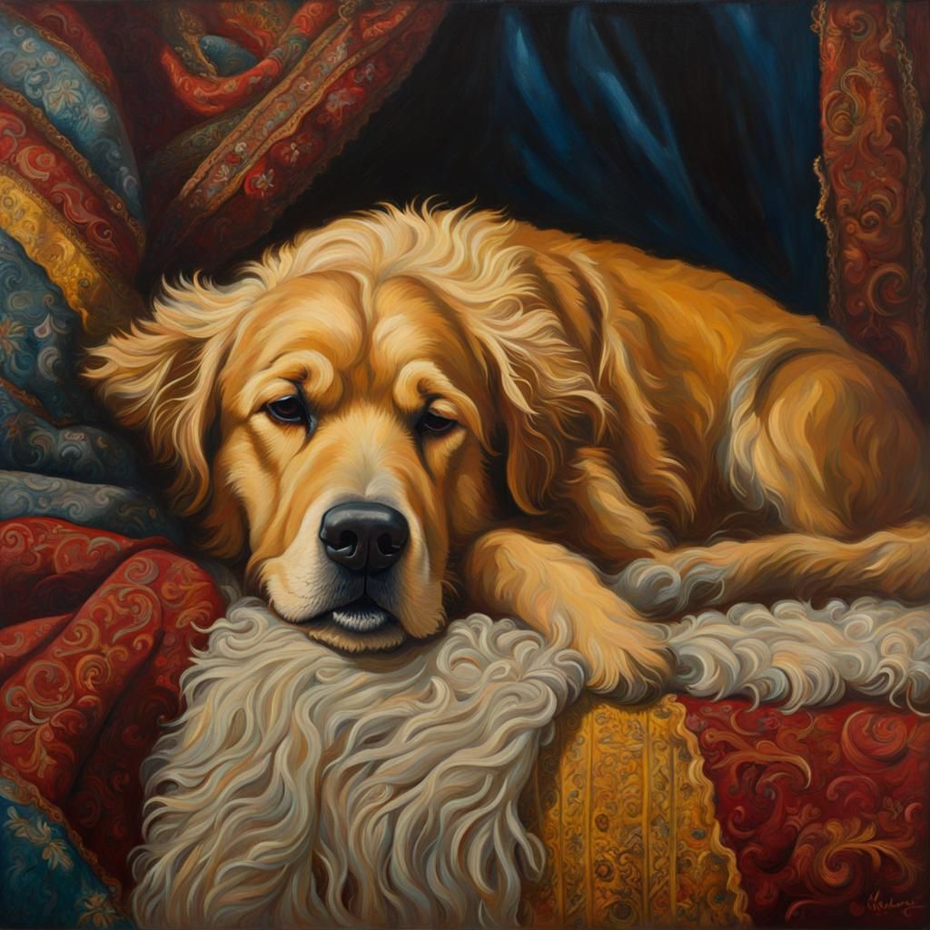 Yellow Dog Sleeps: Mixed Media Oil Painting