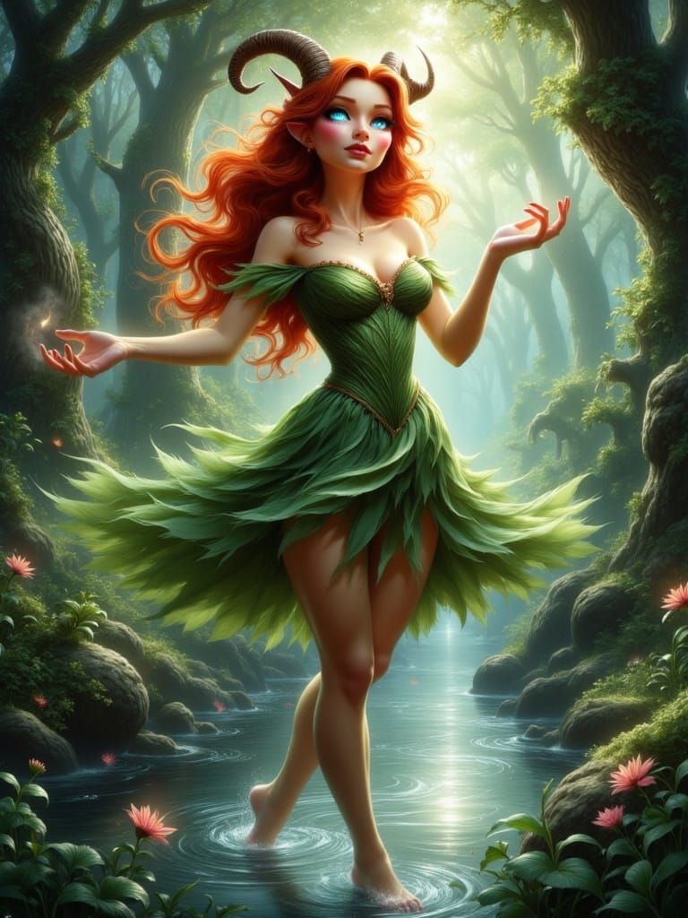 Vexsin the Satyr Princess Dancing in a Forest Stream