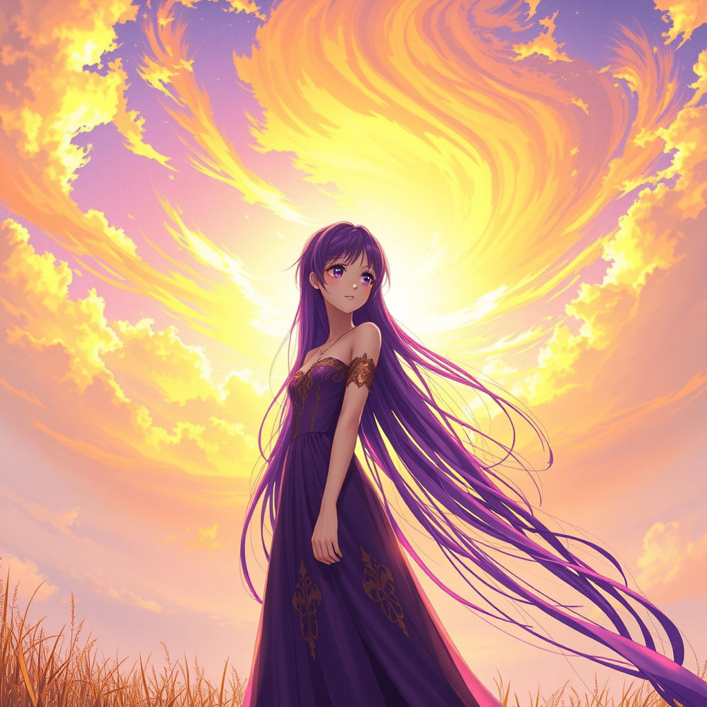 Anime Girl in Purple Dress Bathed in Sunlight