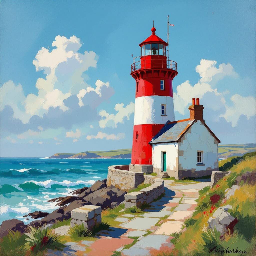 Old Red & White Lighthouse on Sunny Cornish Coast
