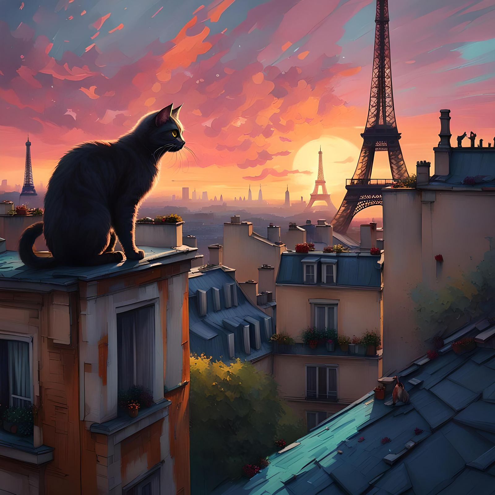 Cat on Parisian Rooftop at Sunset: Digital Painting