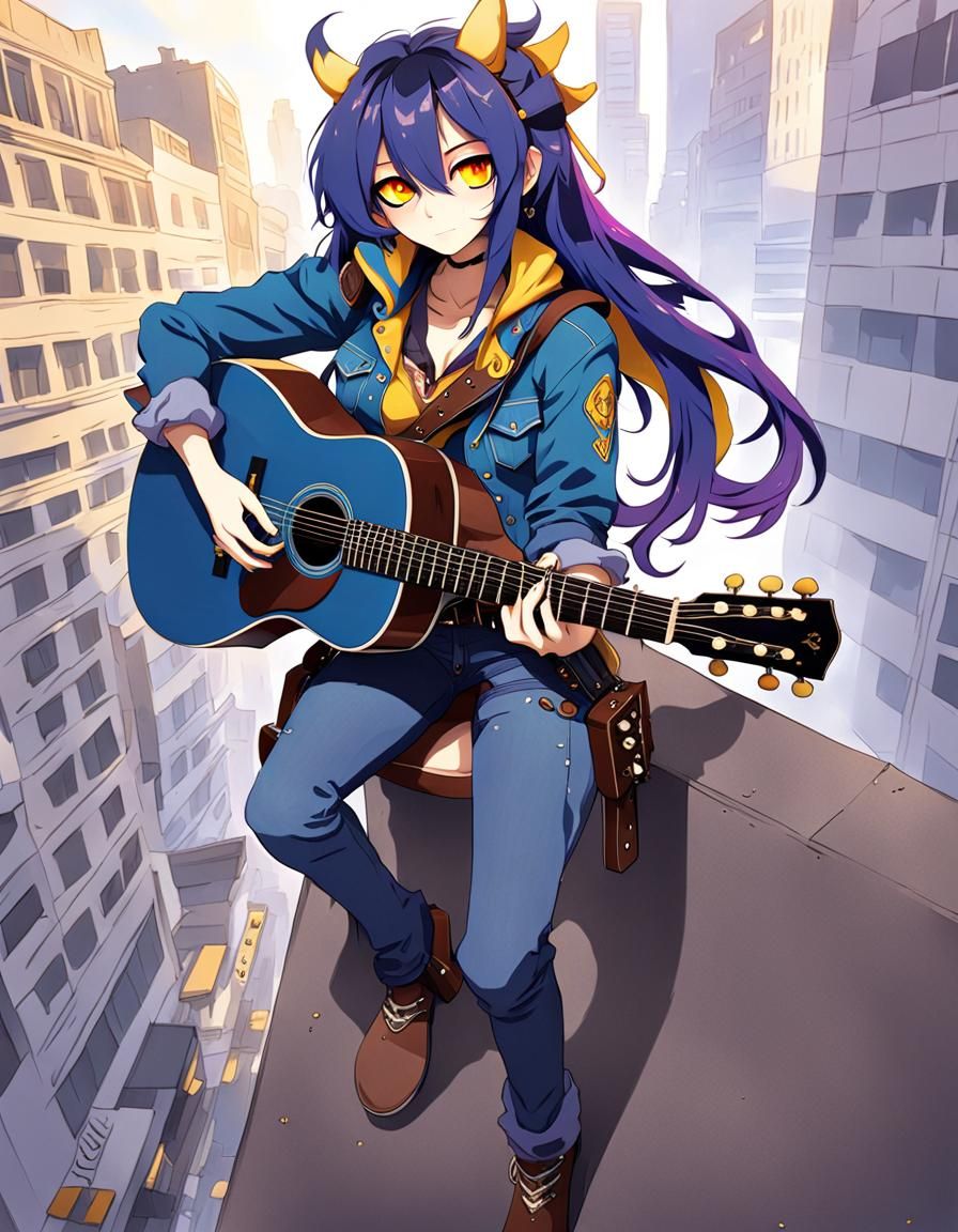 Anime Cowgirl Plays Guitar in City