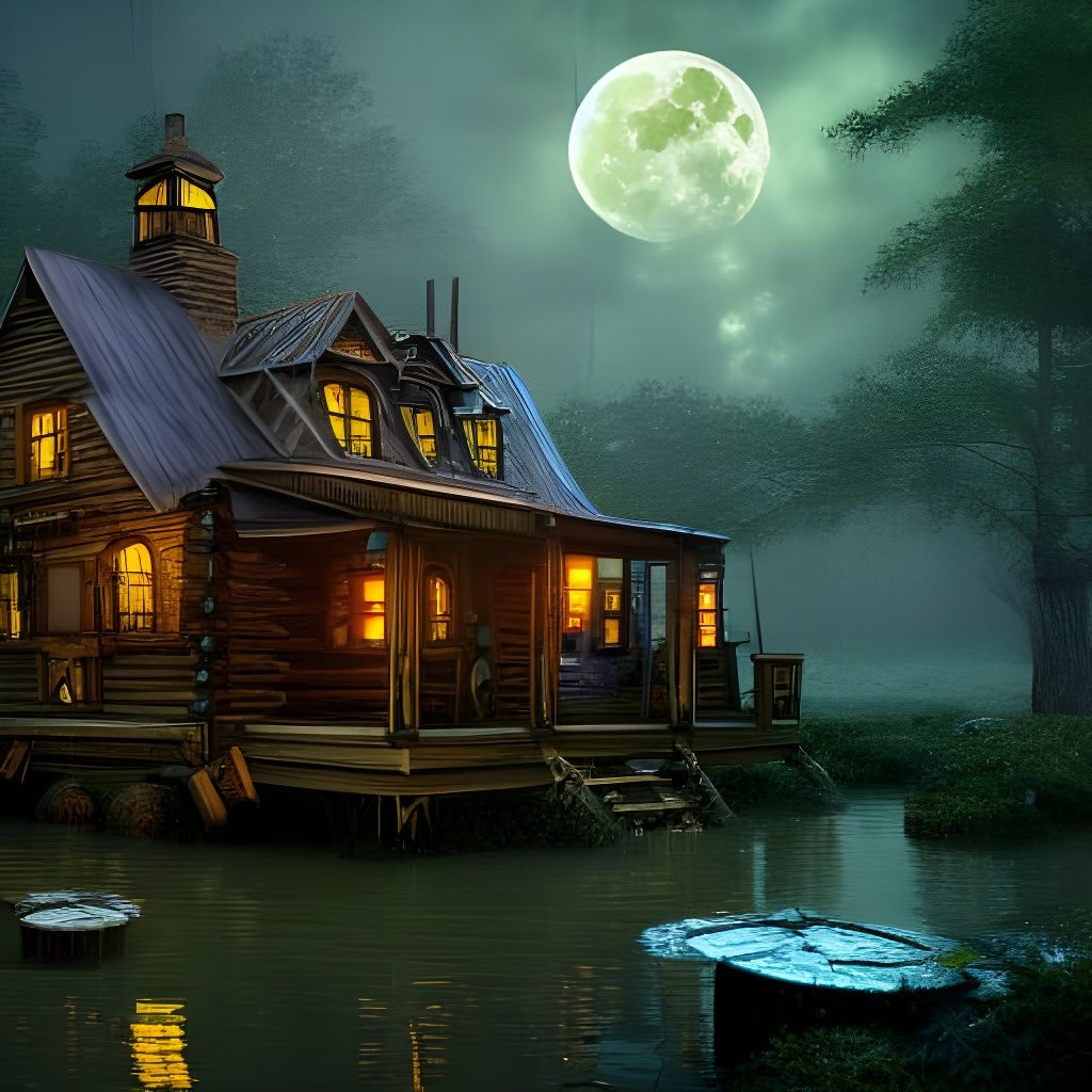 Steampunk Cabin in Swampy Moonlight: Detailed Matte Painting