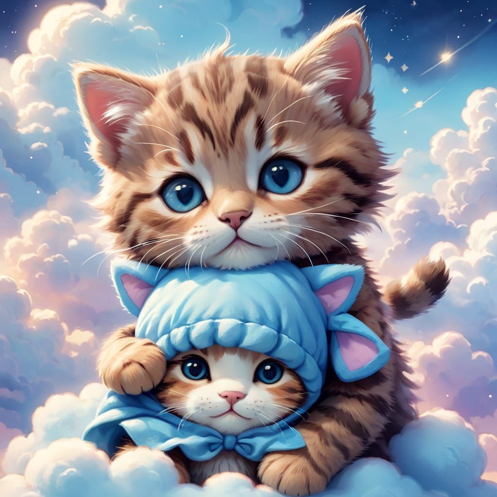 Kawaii Tabby Kitten Hugging Teddy Bear on Cloud