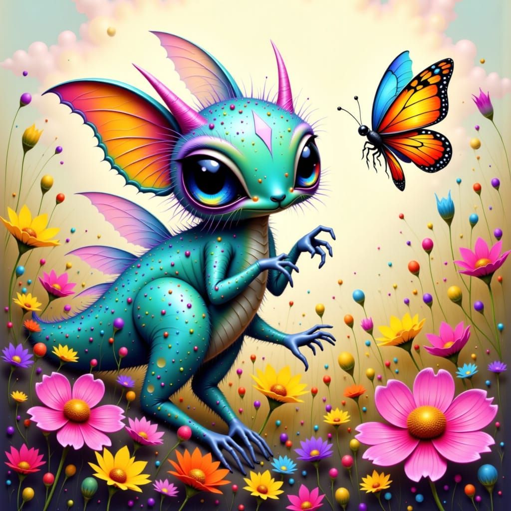 Alien Creature Chasing Butterfly, Whimsical Art